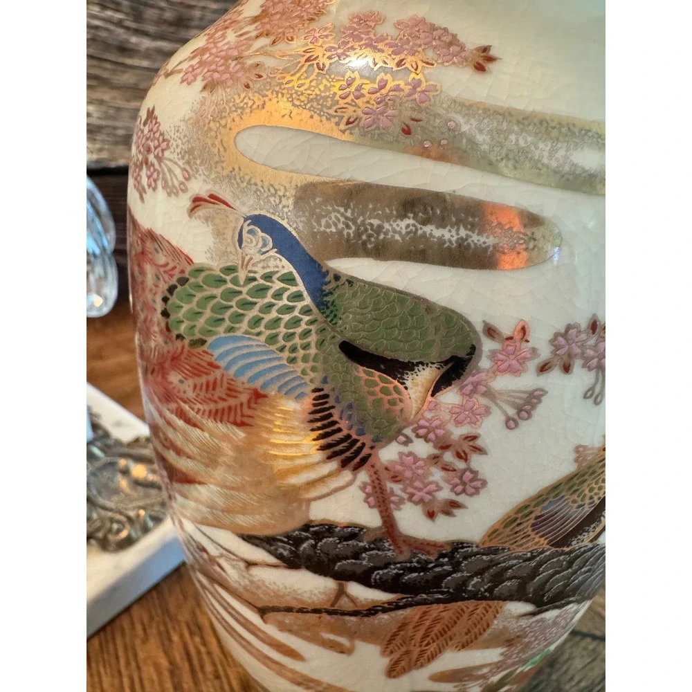 Vintage Satsuma Style Peacock Temple Vase Ginger Jar Gold Moriage 15 Inch